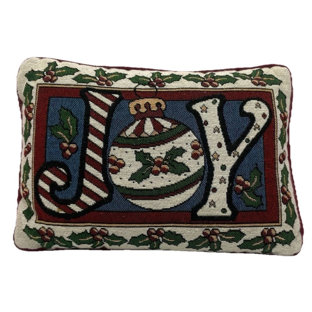 Christmas Tapestry Pillow JOY Holiday Throw Red 12x8.5 Traditional Country Decor